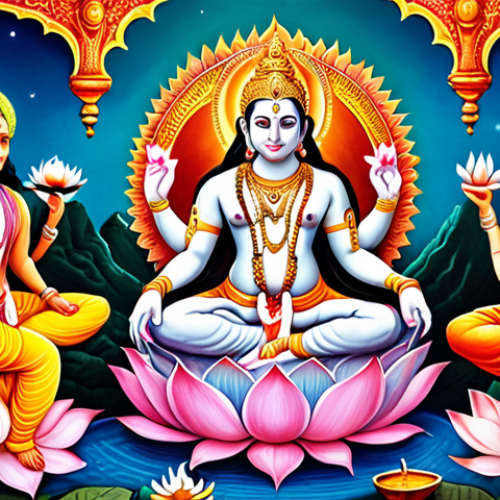 Home 4 "A vibrant and colorful depiction of the Hindu Trimurti: Brahma seated on a lotus, Vishnu reclining on Shesha, and Shiva dancing as Nataraja. Incorporate symbolic elements like the Vedas, Lakshmi, Parvati, and Om. Mystical and divine atmosphere."