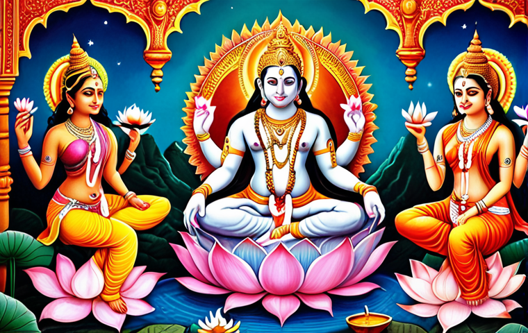 "A vibrant and colorful depiction of the Hindu Trimurti: Brahma seated on a lotus, Vishnu reclining on Shesha, and Shiva dancing as Nataraja. Incorporate symbolic elements like the Vedas, Lakshmi, Parvati, and Om. Mystical and divine atmosphere."