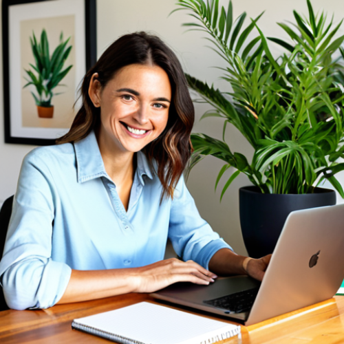 Home 6 The Authentic Blogger**
A professional woman, a blogger, sitting at a bright desk with a laptop, surrounded by notebooks and plants in a sunlit home office. She's smiling genuinely, fully clothed in modest, stylish clothing. Safe for work. The image should evoke trust and creativity. Natural pose, perfect anatomy, correct proportions, well-formed hands, appropriate attire, professional, family-friendly, high quality.
**