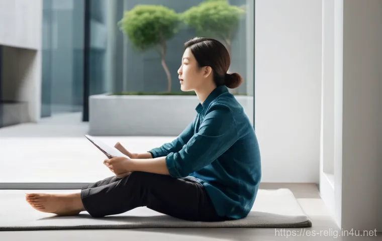 종교 상담과 영적 지도 - **Prompt:** A serene individual, dressed in comfortable, modest clothing, sits cross-legged on a plu...