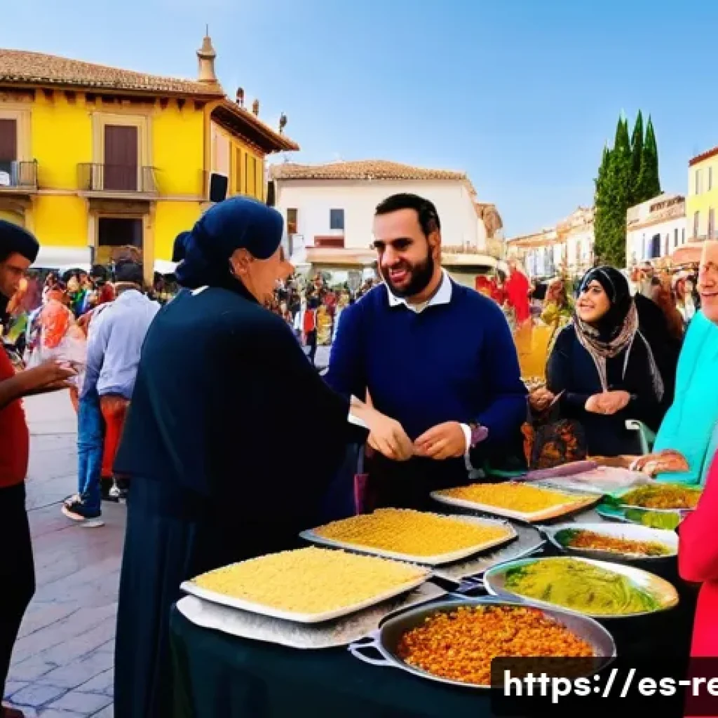 종교적 화해와 국제 협력 - A vibrant community festival in a Spanish neighborhood showcasing interreligious harmony: diverse gr...
