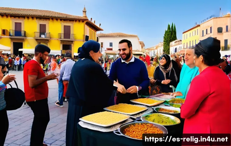 종교적 화해와 국제 협력 - A vibrant community festival in a Spanish neighborhood showcasing interreligious harmony: diverse gr...