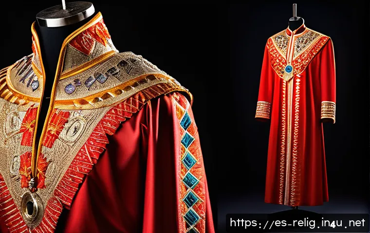 종교적 의복과 상징물 - A richly embroidered traditional Latin American religious garment displayed on a mannequin, featurin...