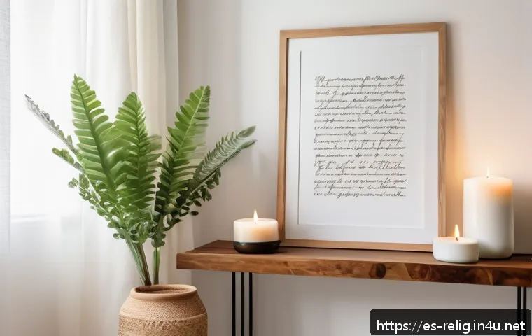 종교적 의식과 현대 생활 - A cozy, small sacred corner inside a modern Spanish-style apartment, featuring a wooden altar table ...