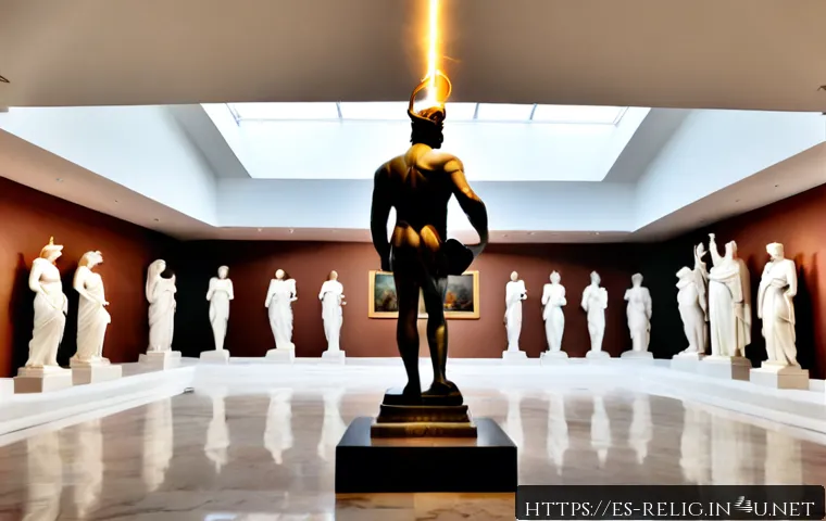 Home 31 그리스 로마 신화와 다신교 - Photorealistic museum gallery in Spain displaying an elegant collection of ancient Greek and Roman m...