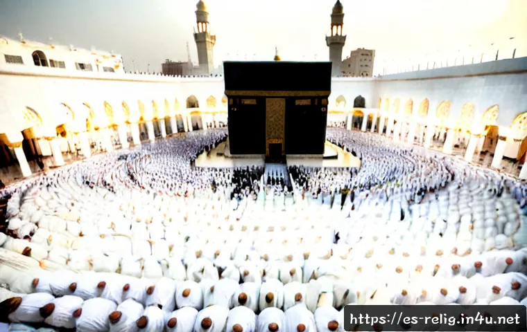 Home 17 이슬람 성지 메카와 메디나 - Photorealistic wide-angle view of the Grand Mosque in Mecca at sunrise, the Kaaba centered within th...