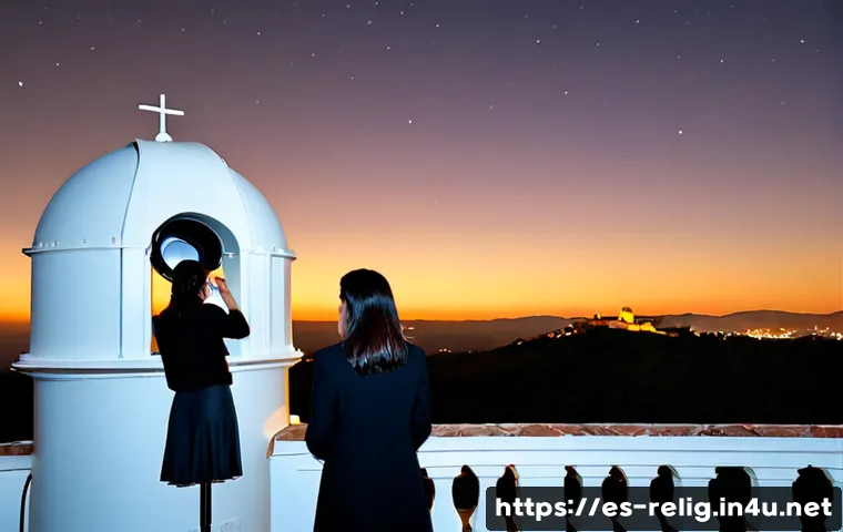 Home 17 종교와 과학 갈등과 조화 - Photorealistic scene of a female astronomer and a Catholic priest in simple formal clothing standing...